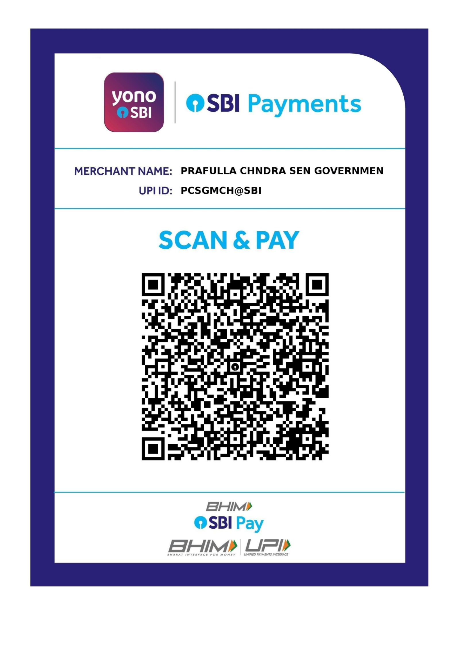 Scan to pay PCSGMCH via UPI — UPI ID PCSGMCH@SBI